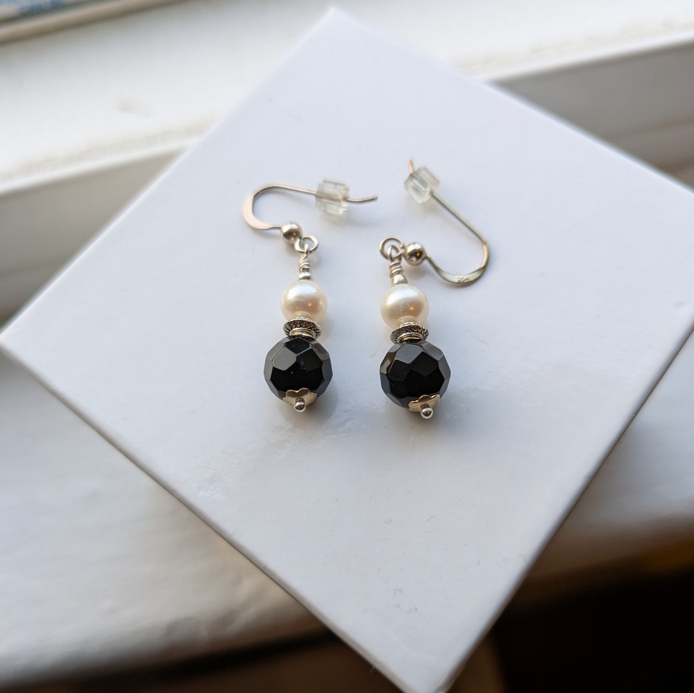 Onyx and White Pearl Earrings